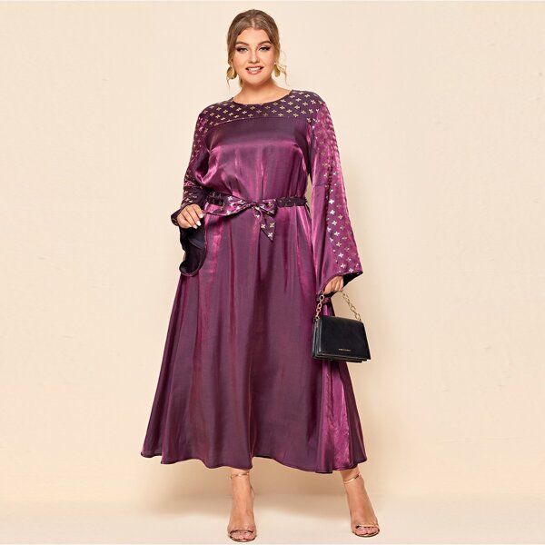 

Plus Floral Print Self Tie A-line Dress, Purple
