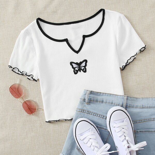 

Notch Neck Lettuce Trim Butterfly Patched Crop Ringer Tee, White
