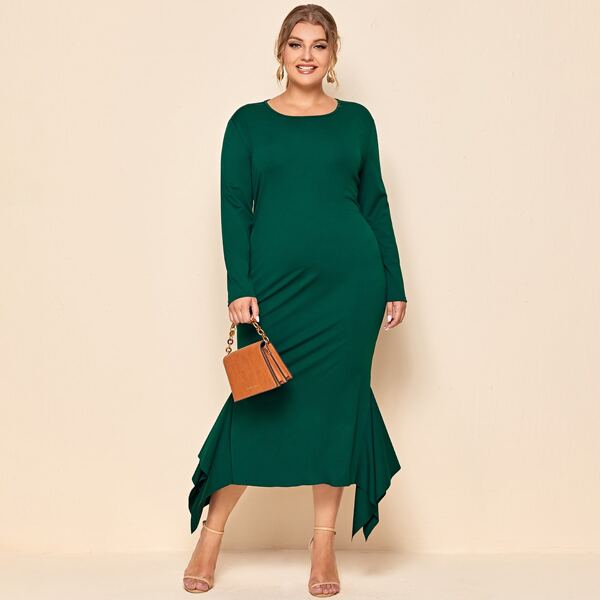 

Plus Ruffle Trim Asymmetrical Hem Fitted Dress, Dark green