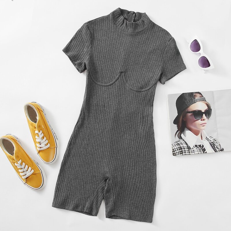 

Rib-knit Zipper Back Romper, Dark grey