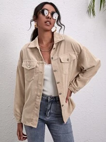 SHEIN Unity Corduroy Button-Front Drop Shoulder Overshirt - Apricot - View 1