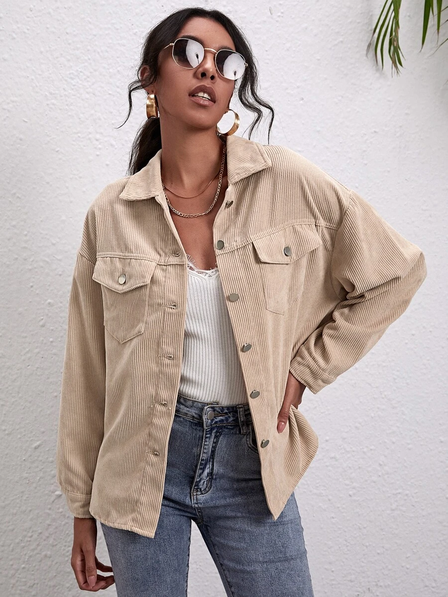 SHEIN Unity Corduroy Button-Front Drop Shoulder Overshirt - Apricot - View 1