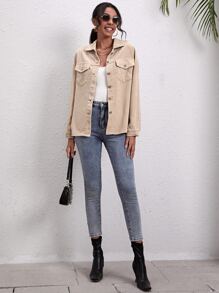 SHEIN Unity Corduroy Button-Front Drop Shoulder Overshirt - Apricot - View 3
