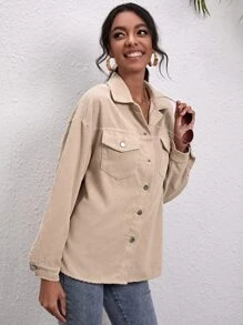 SHEIN Unity Corduroy Button-Front Drop Shoulder Overshirt - Apricot - View 4