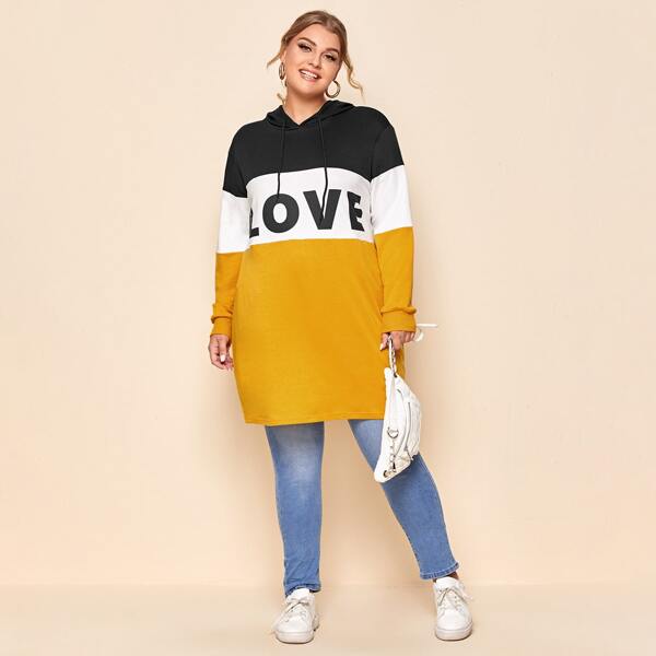 

Plus Letter Graphic Color Block Longline Hoodie, Multicolor