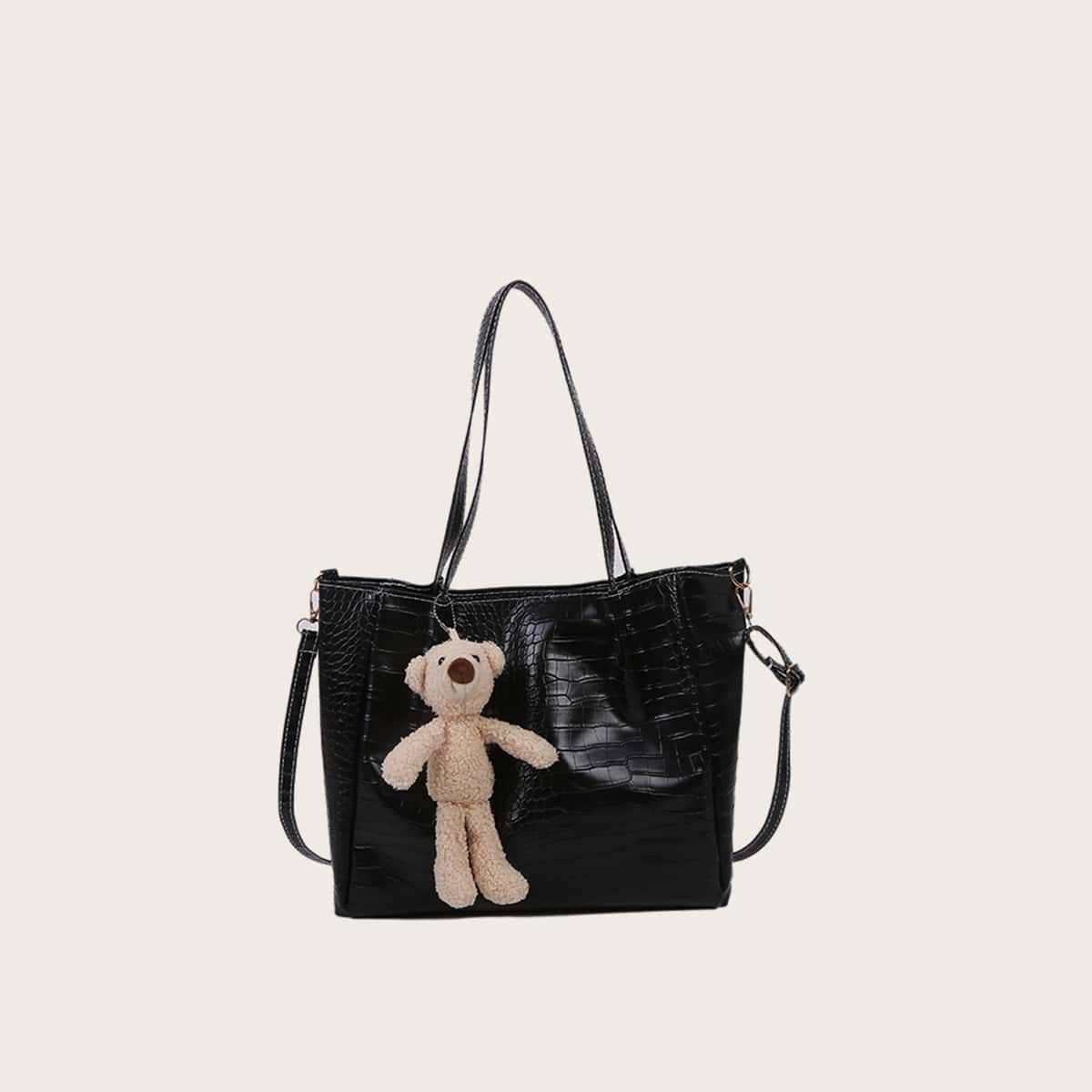 

Croc Embossed & Bear Tote Bag, Black