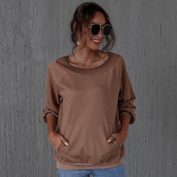 

Kangaroo Pocket Raglan Sleeve Waffle Knit Pullover, Mocha brown