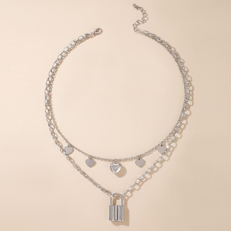 

Heart & Lock Layered Necklace, Silver