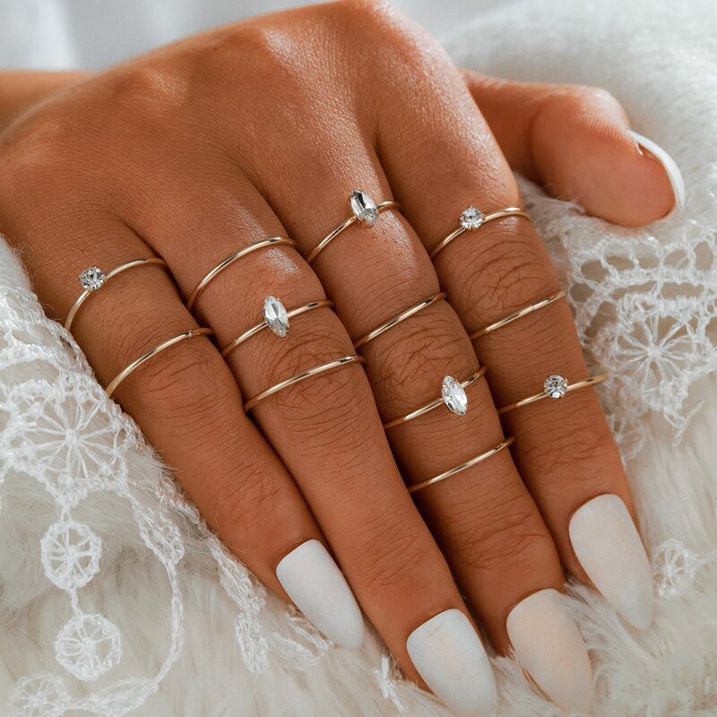 

12pcs Simple Rhinestone Ring, Gold