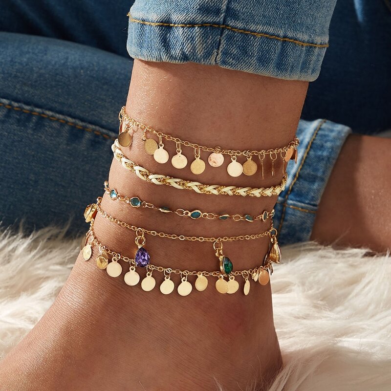 

5pcs Disc Rhinestone Anklet, Gold