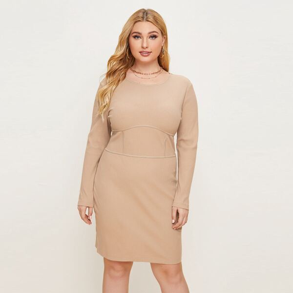 

Plus Solid Rib-knit Fitted Dress, Khaki