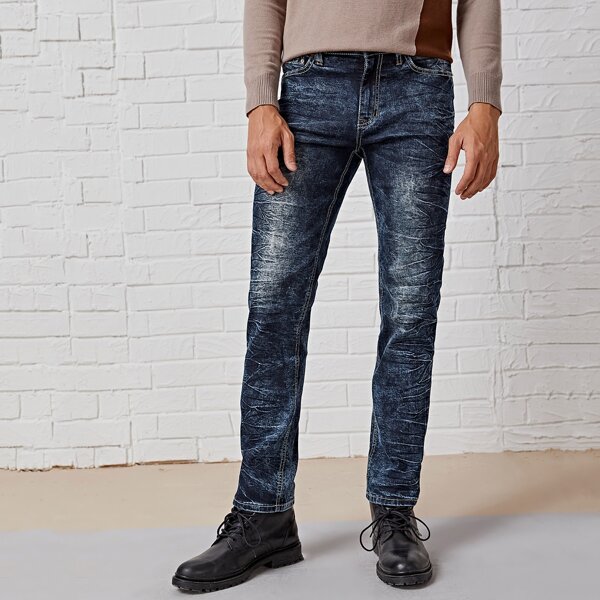 

Men Zip Fly Flake Skinny Jeans, Dark wash