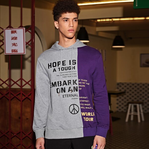 

Men Color Block Slogan Graphic Drawstring Hoodie, Multicolor