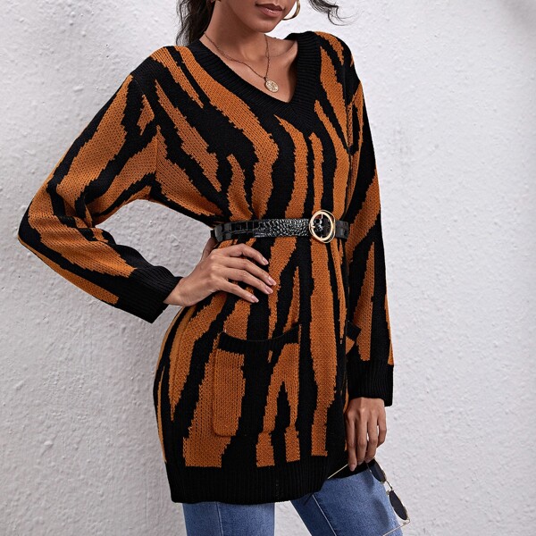 

Patch Pocket Zebra Striped Sweater Dress, Multicolor