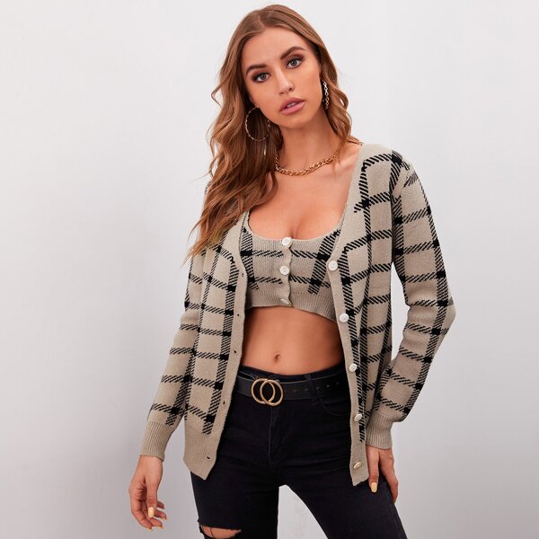 

Button Front Plaid Cardigan With Knit Top, Mocha brown