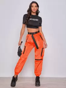SHEIN EZwear Neon Orange Zipper Patch Pocket Push Buckle Belted Wind Joggers - Orange - View 5