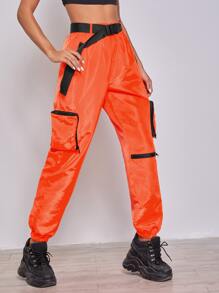 SHEIN EZwear Neon Orange Zipper Patch Pocket Push Buckle Belted Wind Joggers - Orange - View 3