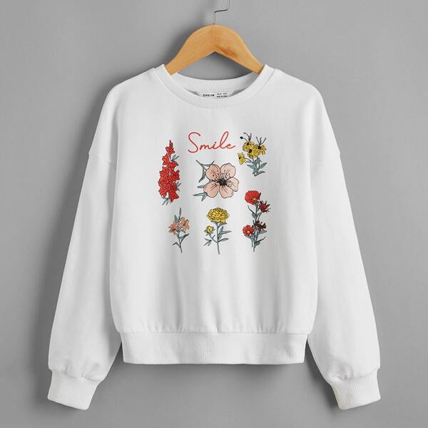 

Girls Drop Shoulder Floral & Letter Print Pullover, White