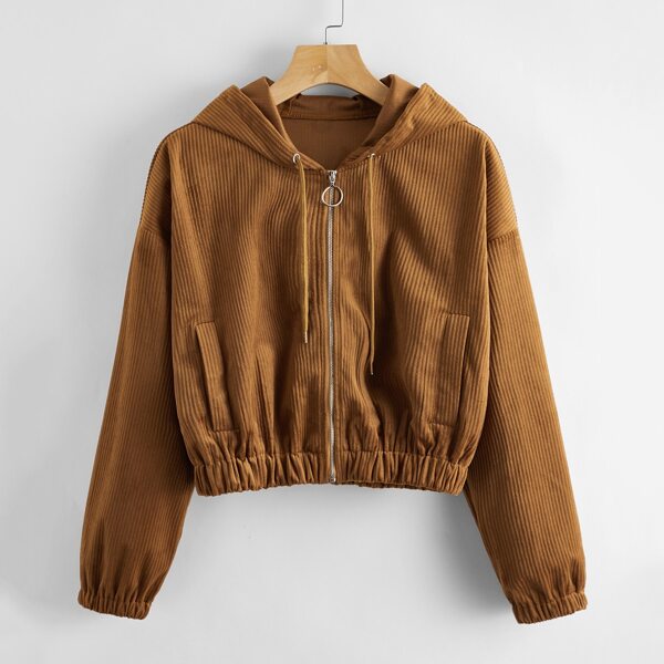 

Corduroy O-ring Zip Drawstring Hooded Jacket, Brown