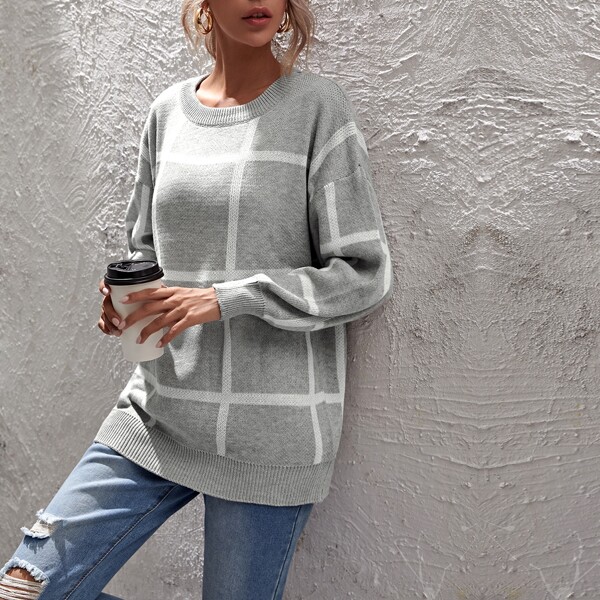 

Plaid Drop Shoulder Sweater, Light grey
