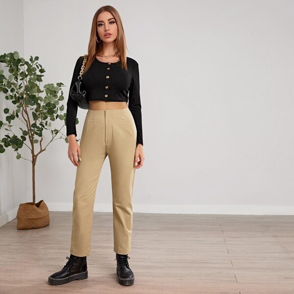 

Rib-knit Button Front Crop Tee With Pants, Multicolor