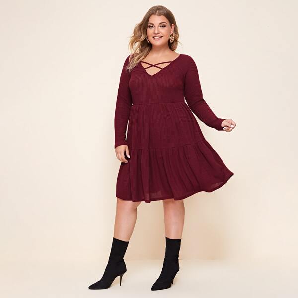 

Plus Crisscross V-neck Rib-knit Ruffle Hem Dress, Maroon