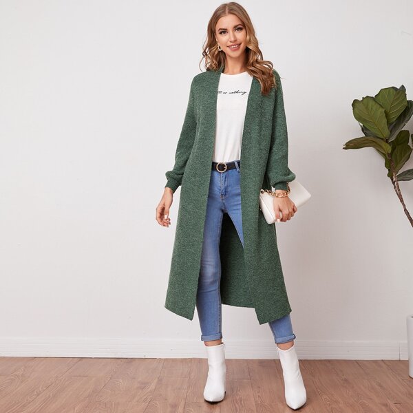 

Drop Shoulder Open Front Longline Cardigan, Dark green