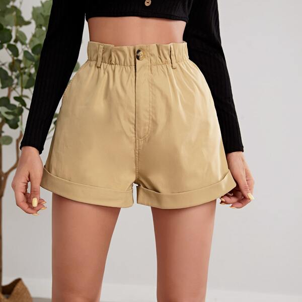 

Paper Bag Waist Roll Up Hem Shorts, Khaki