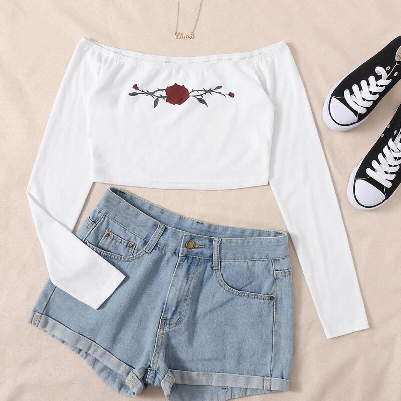 

Floral Off Shoulder Crop Top, White