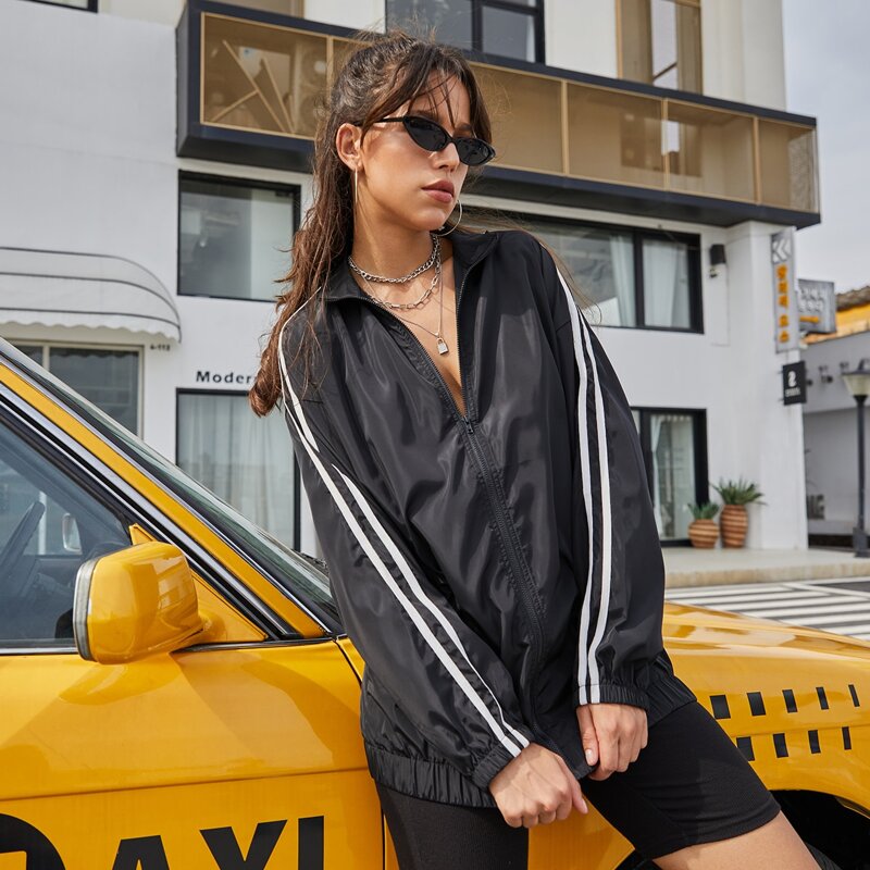 

Zip Up Drop Shoulder Striped Tape Side Wind Jacket, Black