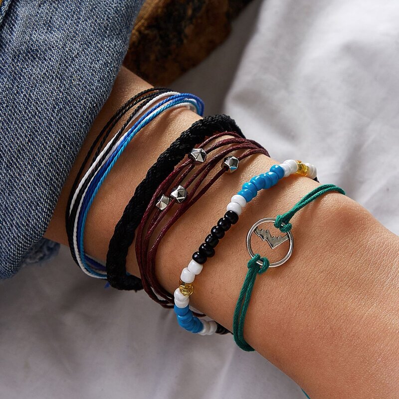 

5pcs Beaded Rope Bracelet, Multicolor