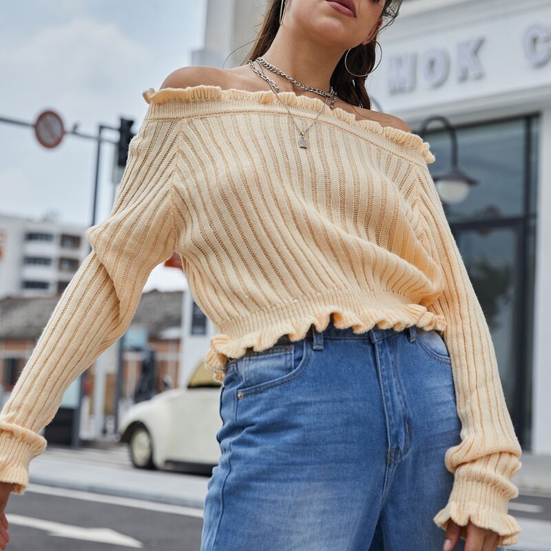 

Frill Trim Solid Bardot Crop Sweater, Apricot