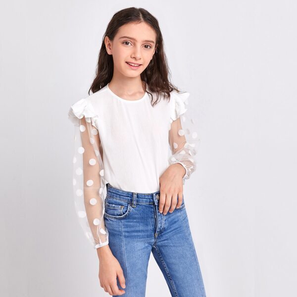 

Girls Ruffle Trim Polka Dot Flocked Mesh Sleeve Top, White