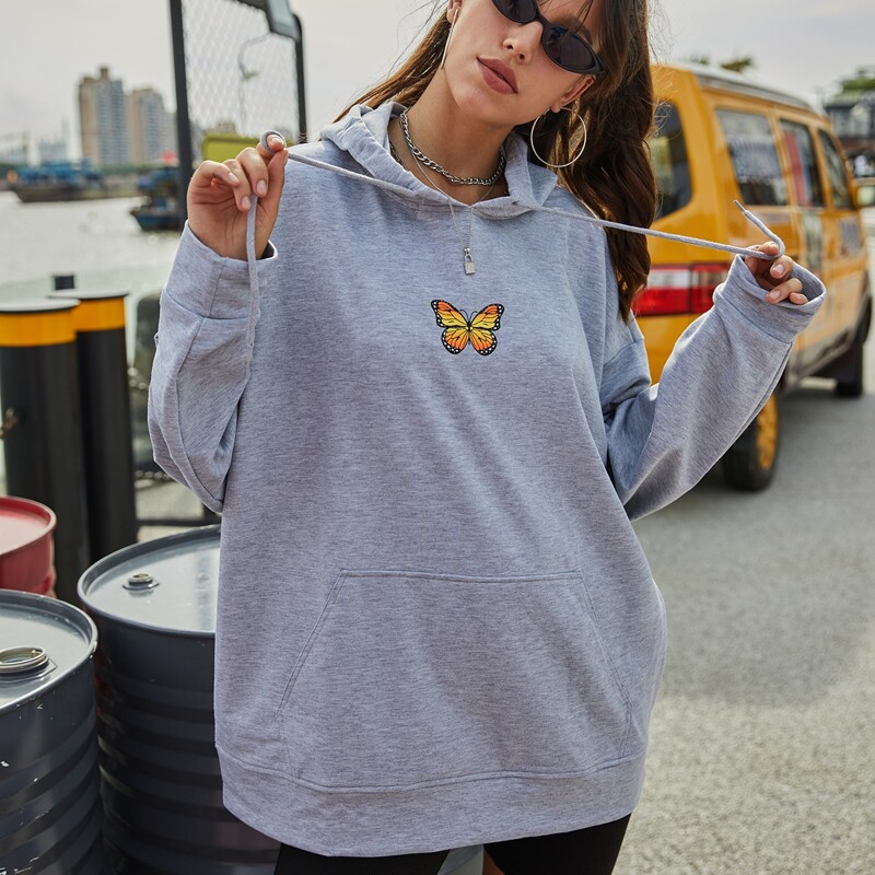 

Butterfly Print Drop Shoulder Hooded Sweatshirt, Grey