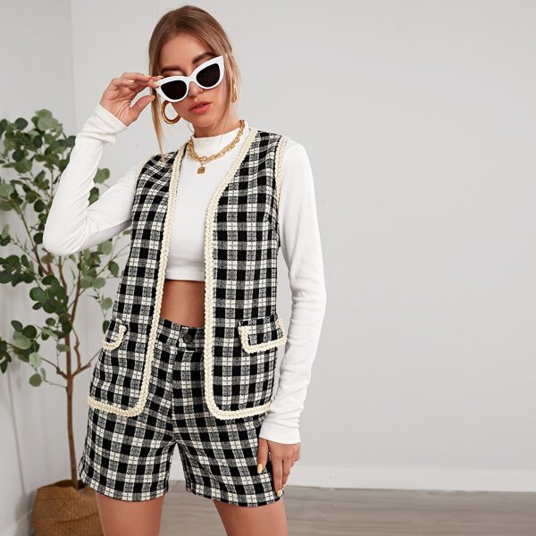 

Plaid Print Contrast Binding Vest Coat With Shorts, Black and white