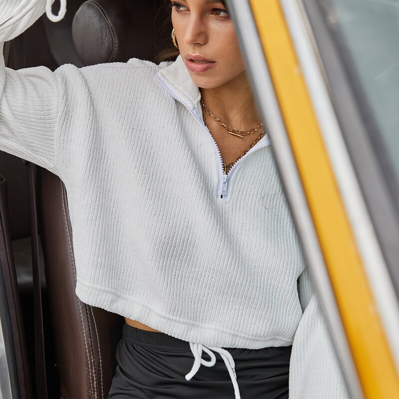 

Half Zip Rib-Knit Drawstring Crop Sweatshirt, White