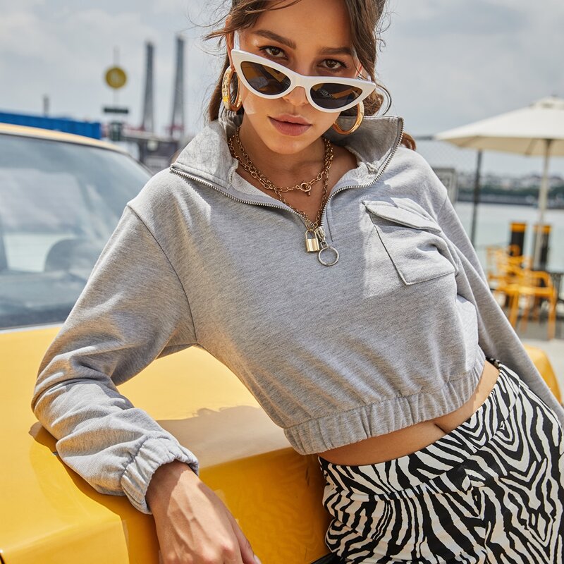 

O-Ring Zipper Crop Sweatshirt, Light grey