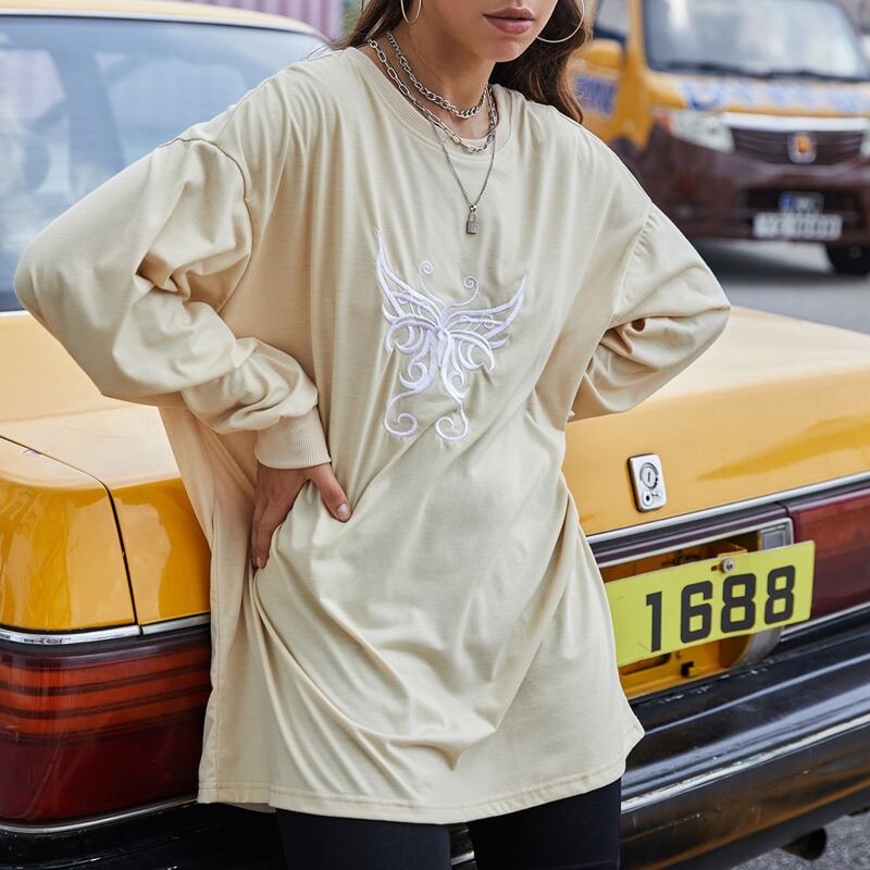 

Butterfly Embroidery Drop Shoulder Oversized Sweatshirt, Khaki