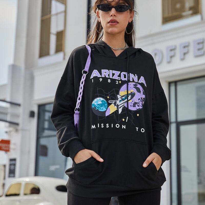 

Rocket And Letter Graphic Boyfriend Hoodie, Black