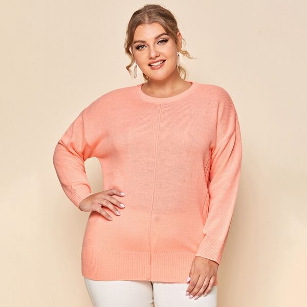 

Plus Seam Front Drop Shoulder Sweater, Coral pink