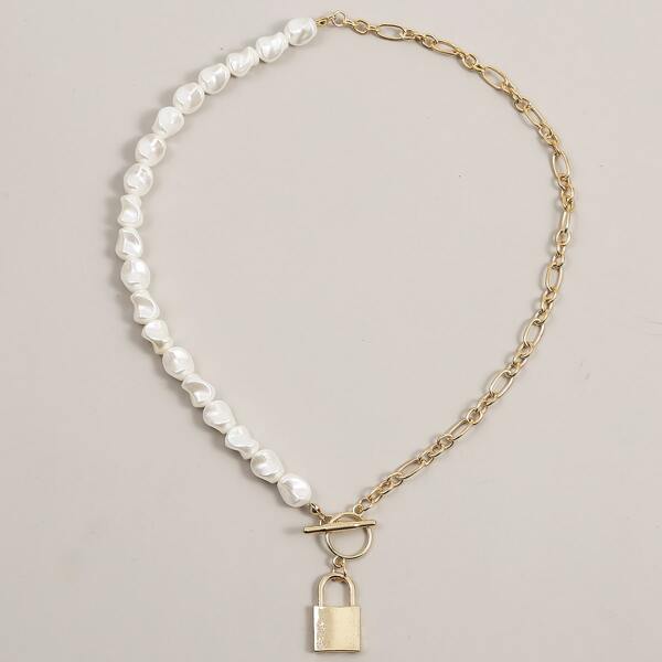 

Lock Charm Faux Pearl Beaded Necklace, Multicolor