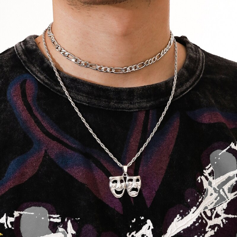

Guys Abstract Face Chain Necklace, Silver
