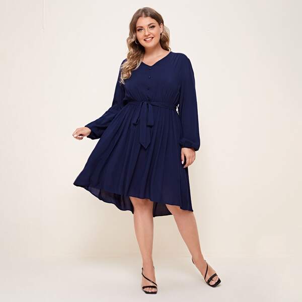 

Plus Solid Belted Button Detail Dress, Navy blue
