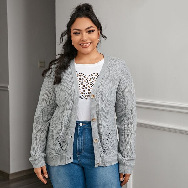 

Plus Raglan Sleeve Button Front Cardigan, Grey