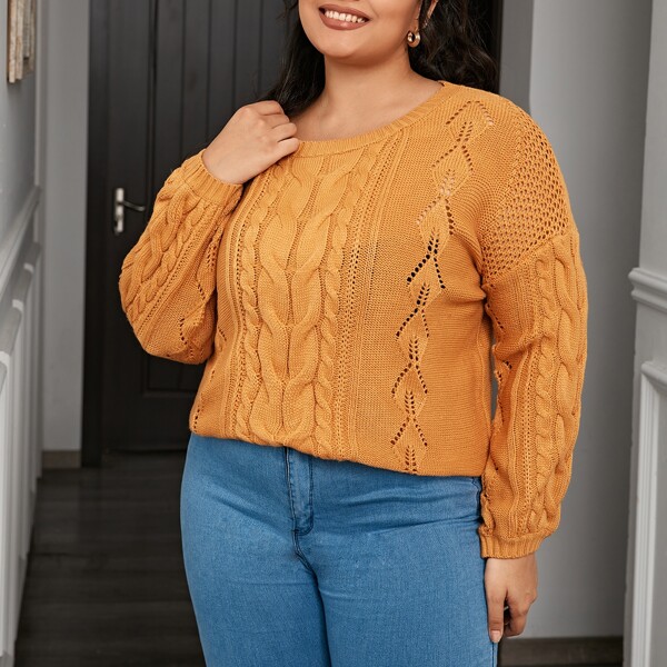 

Plus Cable Knit Drop Shoulder Sweater, Mustard yellow