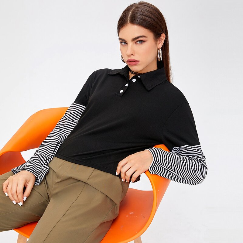

Contrast Striped Polo Crop Tee, Black and white