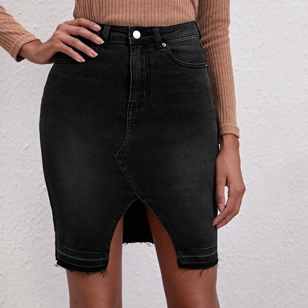 

Raw Edge Split Hem Denim Skirt, Black