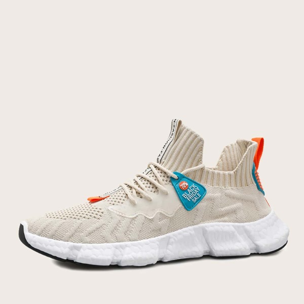 

Men Lace Up Decor Letter Graphic Knit Sneakers, Beige