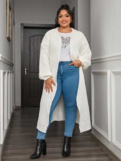 Plus Bishop Sleeve Open Front Hooded Cardigan