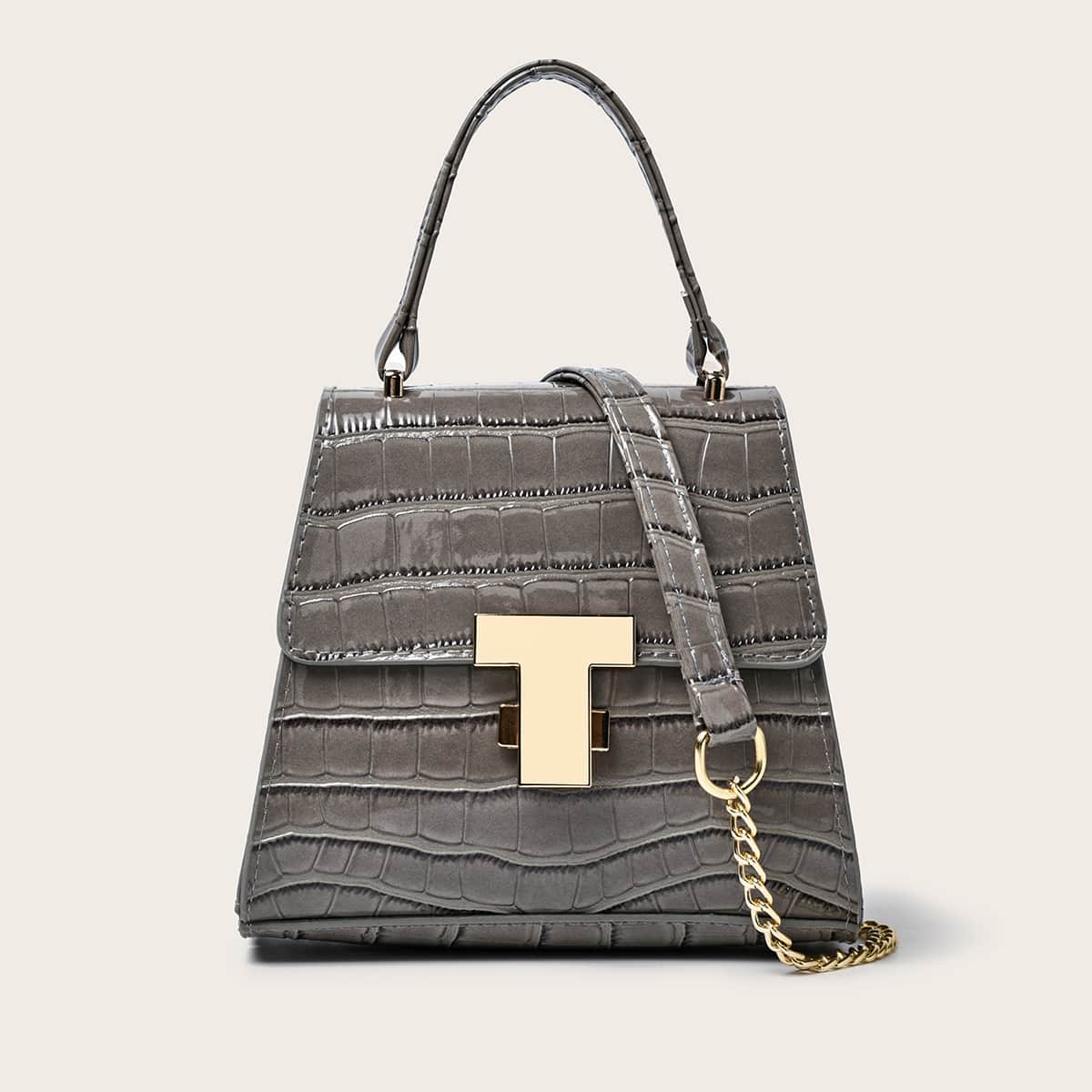 

Croc Embossed Top Handle Satchel Bag, Grey